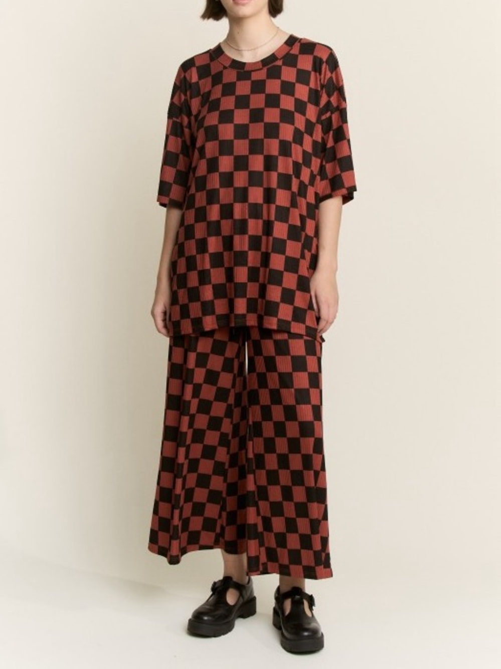 Rust Black Checkered Ribbed Two Piece Set Plus Size 3x